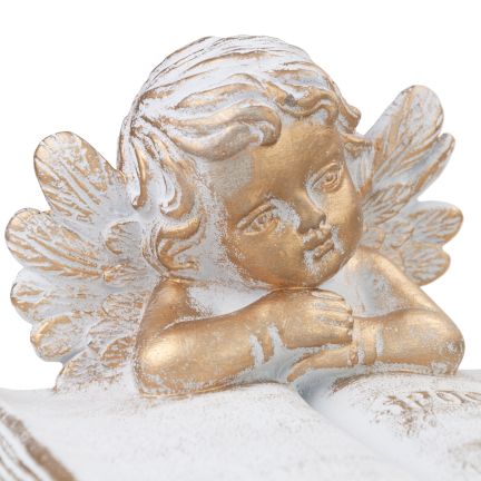 TG70369 – Betonfigur für den Friedhof: Engel auf einem Buch mit der Aufschrift „Ruhe in Frieden“