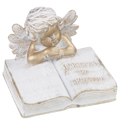 TG70369 – Betonfigur für den Friedhof: Engel auf einem Buch mit der Aufschrift „Ruhe in Frieden“
