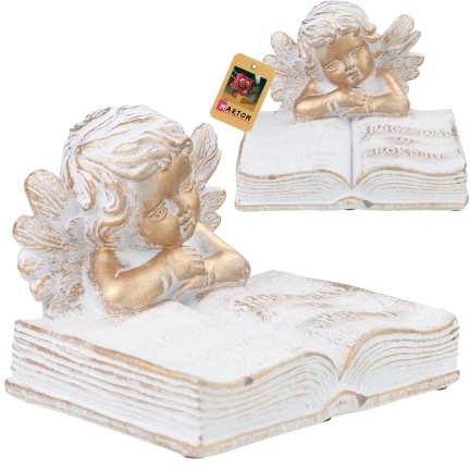 TG70369 – Betonfigur für den Friedhof: Engel auf einem Buch mit der Aufschrift „Ruhe in Frieden“