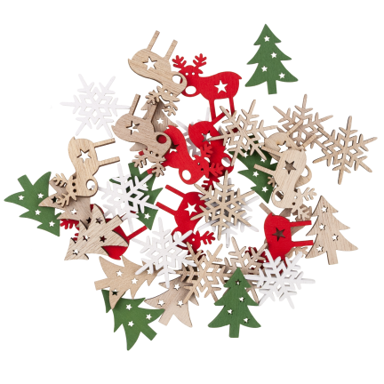 TG75361 Weihnachtsdekoration aus Holz, 36 Stück – Weihnachtsbäume, Schneeflocken und Rentiere