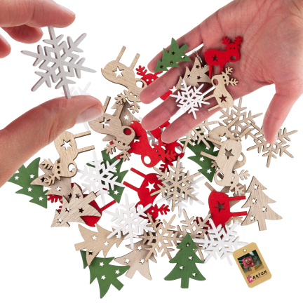 TG75361 Weihnachtsdekoration aus Holz, 36 Stück – Weihnachtsbäume, Schneeflocken und Rentiere
