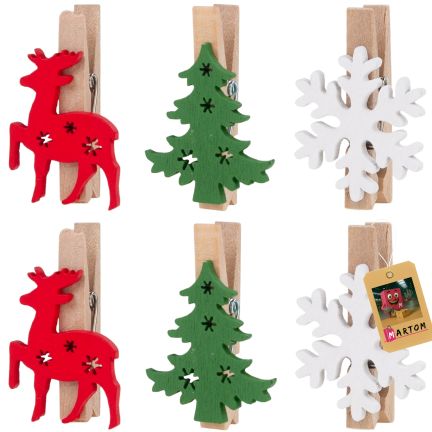 TG75364 Weihnachtsklammern, 6 Stück/Set, Rentiere, Weihnachtsbäume, Schneeflocken, dekorative Klammern