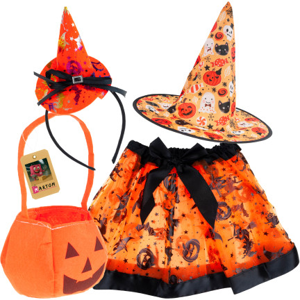 Hexenverkleidung, Zauberin Kostüm, orange und schwarz, für Mädchen, für Halloween Ball, Set