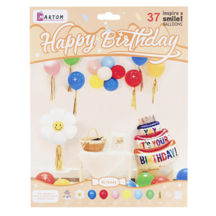 TG76541 BALLONGIRLANDE SET FOLIENBALLONS KUCHEN BLUME GEBURTSTAG QUASTEN 