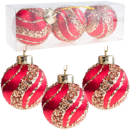 TG78532-3 POLYSTYROL KUGELN ROT KASTANIENBRAUN GLITTER ANHÄNGER 3 STÜCK