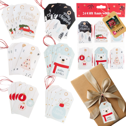 Geschenkanhänger, Geschenkanhänger aus Papier, weihnachtliche Motive, verschiedene Designs, 24 Stück
