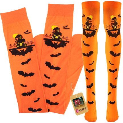 Strümpfe, orange, Thema Halloween, mit Fledermäusen, für Party, 1 Paar