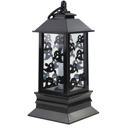 Led-Kerzenlaterne, schwarz, mit Gespenstermuster, Halloween-Dekoration, imitiert Flamme, 20cm hoch