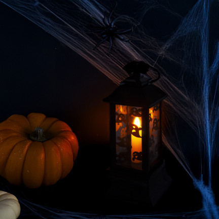 Led-Kerzenlaterne, schwarz, mit Gespenstermuster, Halloween-Dekoration, imitiert Flamme, 20cm hoch