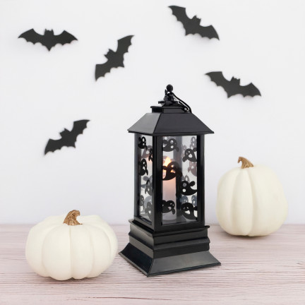 Led-Kerzenlaterne, schwarz, mit Gespenstermuster, Halloween-Dekoration, imitiert Flamme, 20cm hoch