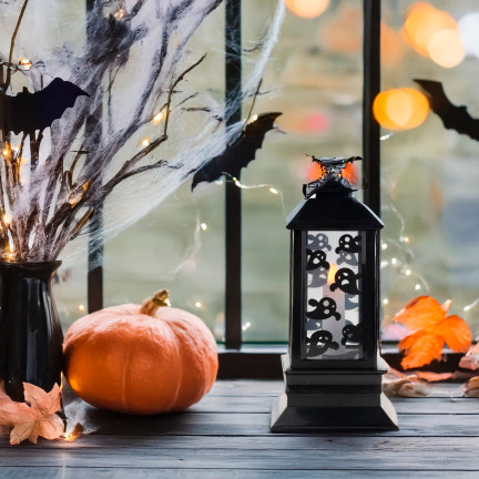 Led-Kerzenlaterne, schwarz, mit Gespenstermuster, Halloween-Dekoration, imitiert Flamme, 20cm hoch