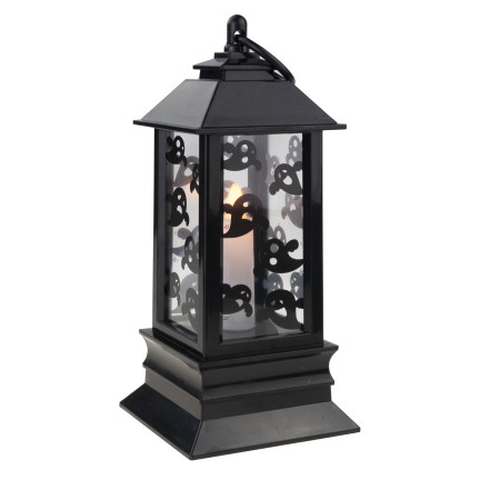 Led-Kerzenlaterne, schwarz, mit Gespenstermuster, Halloween-Dekoration, imitiert Flamme, 20cm hoch