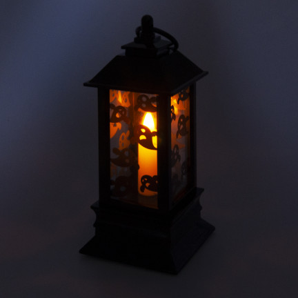 Led-Kerzenlaterne, schwarz, mit Gespenstermuster, Halloween-Dekoration, imitiert Flamme, 20cm hoch