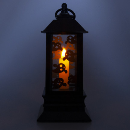 Led-Kerzenlaterne, schwarz, mit Gespenstermuster, Halloween-Dekoration, imitiert Flamme, 20cm hoch