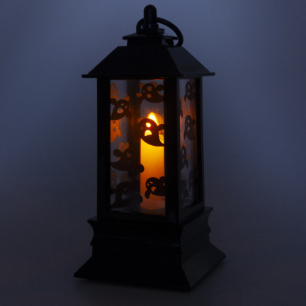 Led-Kerzenlaterne, schwarz, mit Gespenstermuster, Halloween-Dekoration, imitiert Flamme, 20cm hoch
