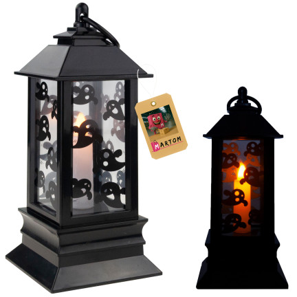 Led-Kerzenlaterne, schwarz, mit Gespenstermuster, Halloween-Dekoration, imitiert Flamme, 20cm hoch