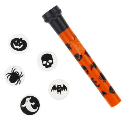 Projektor-Taschenlampe mit Kappen, Kunststoff, Mix aus Halloween-Motiven, batteriebetrieben, 5 Motive, Set