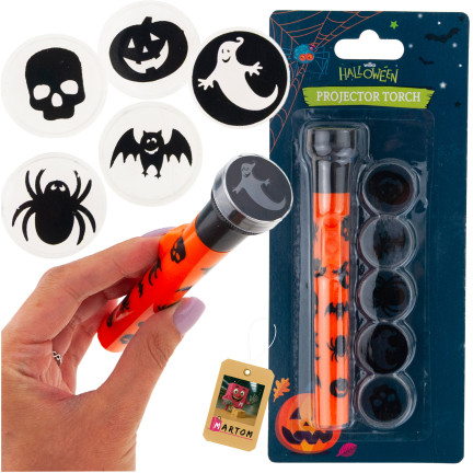 Projektor-Taschenlampe mit Kappen, Kunststoff, Mix aus Halloween-Motiven, batteriebetrieben, 5 Motive, Set