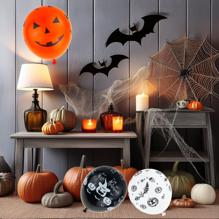 Latexballons, gemischte Farben, gemischte Motive, mit Halloween-Motiv, mit Kürbissen, 6er-Set.