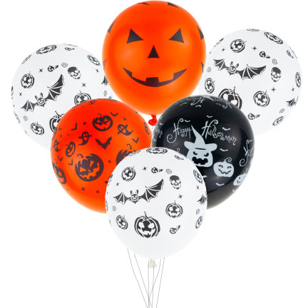 Latexballons, gemischte Farben, gemischte Motive, mit Halloween-Motiv, mit Kürbissen, 6er-Set.