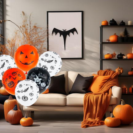 Latexballons, gemischte Farben, gemischte Motive, mit Halloween-Motiv, mit Kürbissen, 6er-Set.
