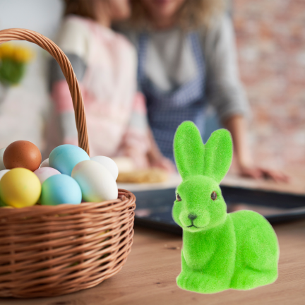 TG80588-14 Beflockter grüner Osterhase mit Satinschleife
