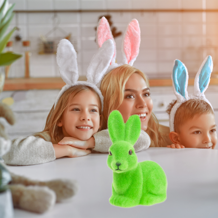 TG80588-14 Beflockter grüner Osterhase mit Satinschleife