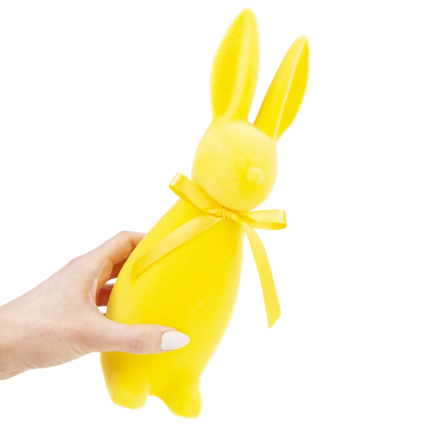 TG80590-3 Geflockter gelber Osterhase mit Satinschleife
