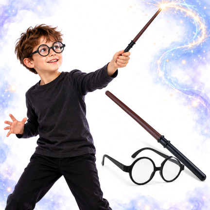 TG78551 Zauberer-Set: Brille, Zauberstab, Harry Potter, Magier, Zauberer-Kostüm